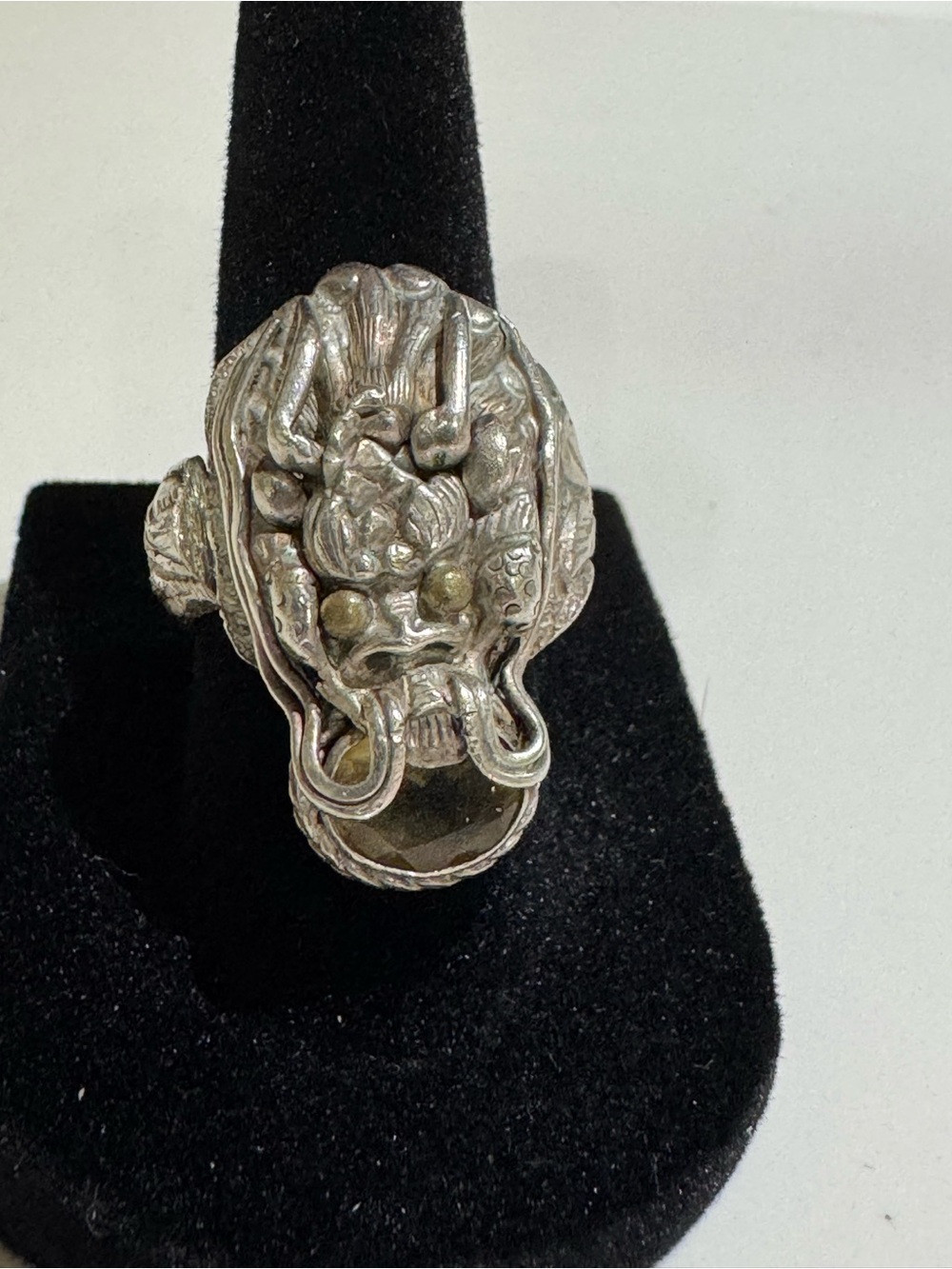 Vintage Brutalist Sterling Silver Asian Chinese Dragon Citrine Ring